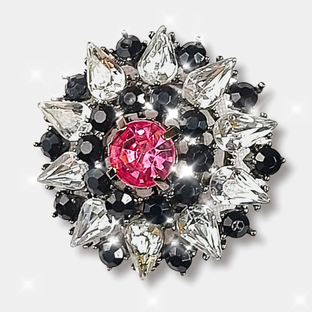 Vintage Inspired Cushion Brooch Pink Faux Sapphire Black Stones Faux Diamonds
